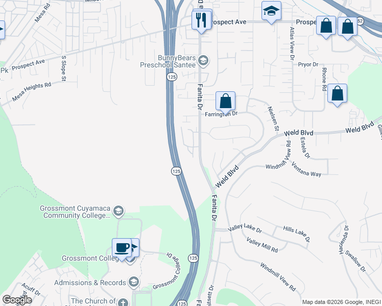map of restaurants, bars, coffee shops, grocery stores, and more near 8035 Calle Fanita in Santee