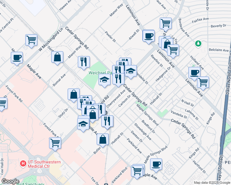 map of restaurants, bars, coffee shops, grocery stores, and more near 2912 Inwood Road in Dallas