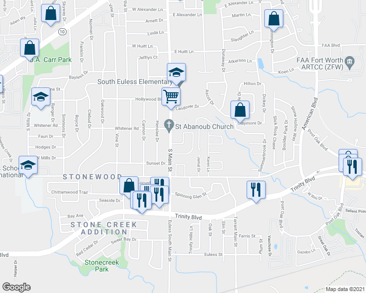 map of restaurants, bars, coffee shops, grocery stores, and more near 907 South Main Street in Euless