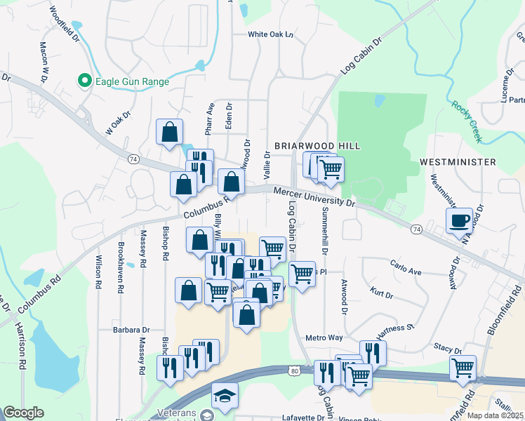 map of restaurants, bars, coffee shops, grocery stores, and more near 4335 Vallie Court in Macon