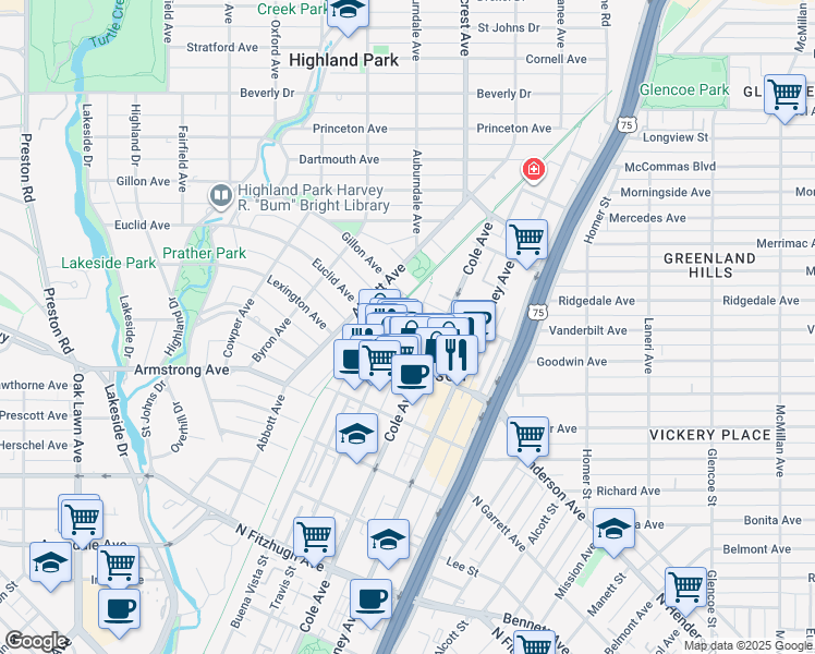 map of restaurants, bars, coffee shops, grocery stores, and more near 4627 Travis Street in Dallas