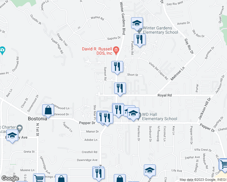 map of restaurants, bars, coffee shops, grocery stores, and more near 8110 Winter Gardens Drive in Lakeside