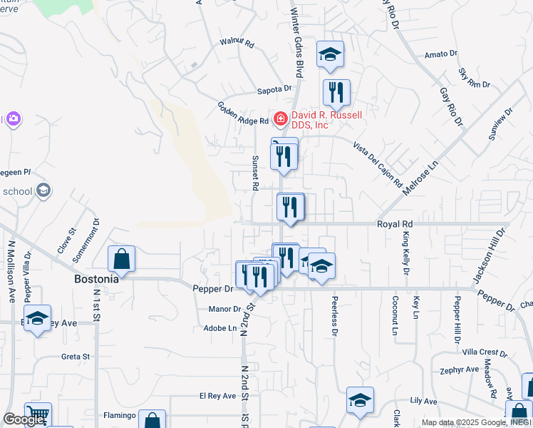 map of restaurants, bars, coffee shops, grocery stores, and more near 8110 Winter Gardens Drive in Lakeside
