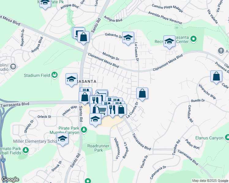map of restaurants, bars, coffee shops, grocery stores, and more near 10756 Escobar Drive in San Diego