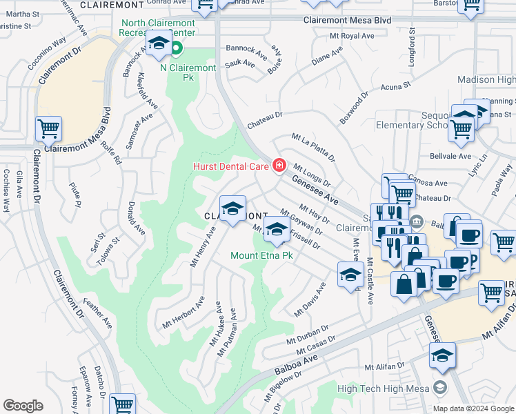 map of restaurants, bars, coffee shops, grocery stores, and more near 4690 Mount Frissell Drive in San Diego