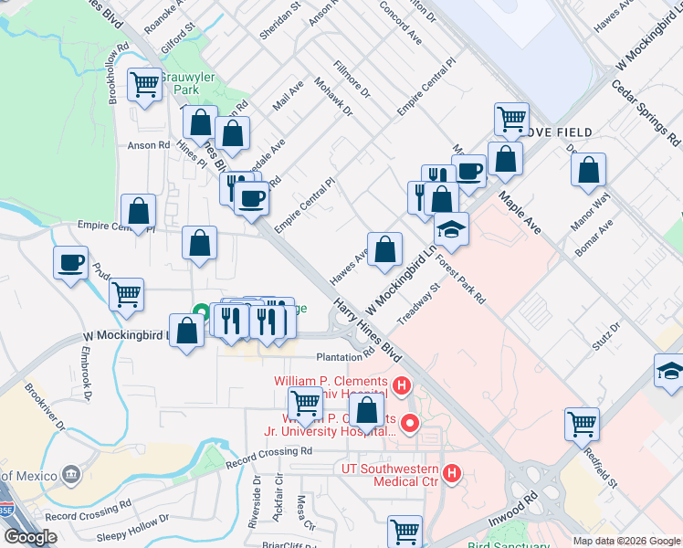 map of restaurants, bars, coffee shops, grocery stores, and more near 2001-2199 Hawes Ave in Dallas
