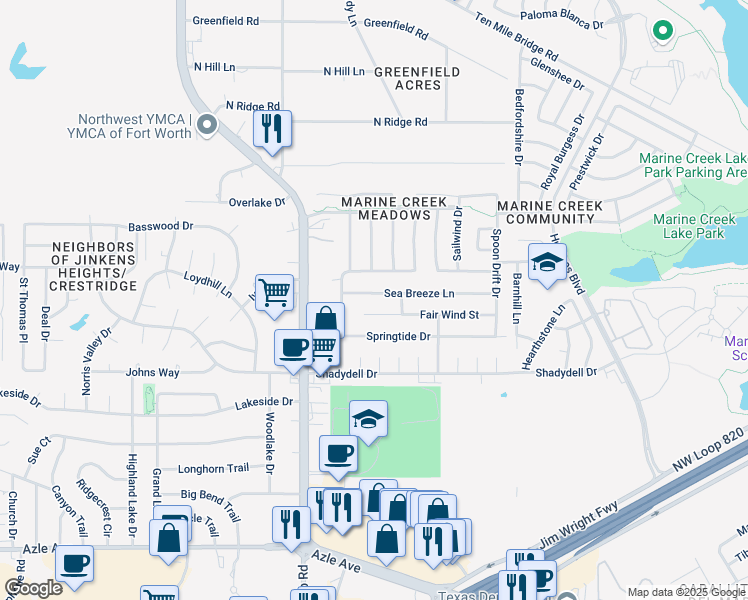 map of restaurants, bars, coffee shops, grocery stores, and more near 5932 Fair Wind Street in Fort Worth