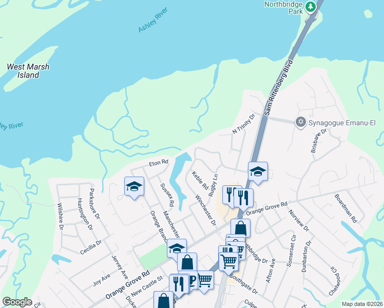 map of restaurants, bars, coffee shops, grocery stores, and more near 1292 Winchester Drive in Charleston