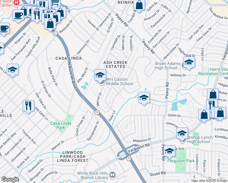 map of restaurants, bars, coffee shops, grocery stores, and more near 1742 Mariposa Drive in Dallas