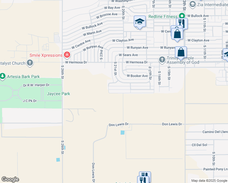 map of restaurants, bars, coffee shops, grocery stores, and more near 2099 West Jacobs Avenue in Artesia
