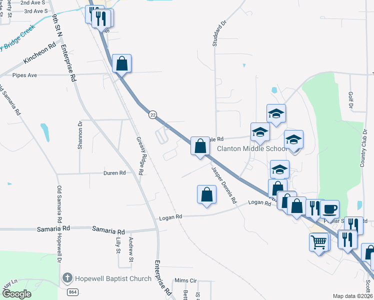map of restaurants, bars, coffee shops, grocery stores, and more near 1001 7th Street South in Clanton