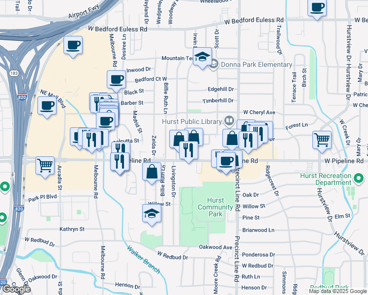 map of restaurants, bars, coffee shops, grocery stores, and more near 813 Irwin Drive in Hurst