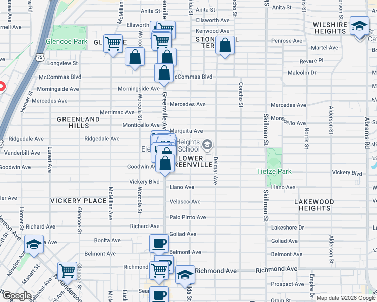 map of restaurants, bars, coffee shops, grocery stores, and more near 5746 Vanderbilt Avenue in Dallas