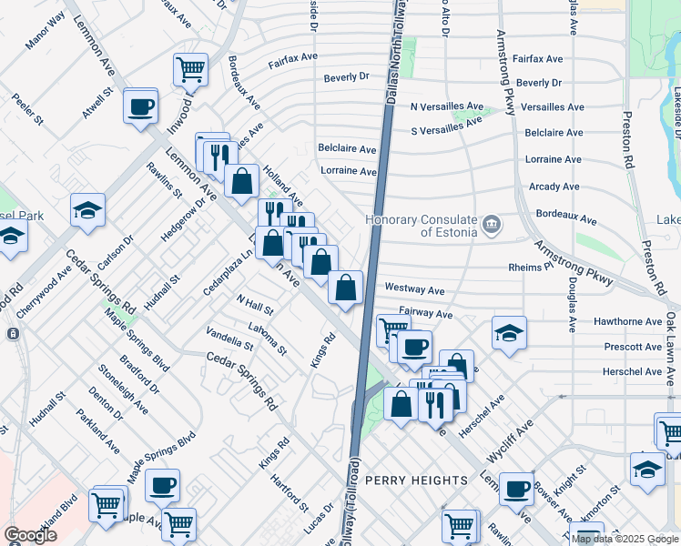 map of restaurants, bars, coffee shops, grocery stores, and more near 4345 Westside Avenue in Dallas
