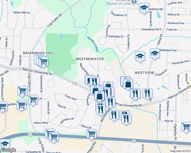 map of restaurants, bars, coffee shops, grocery stores, and more near 1557 North Atwood Drive in Macon