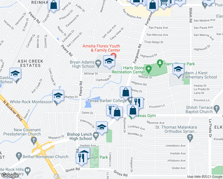 map of restaurants, bars, coffee shops, grocery stores, and more near 2120 Healey Drive in Dallas