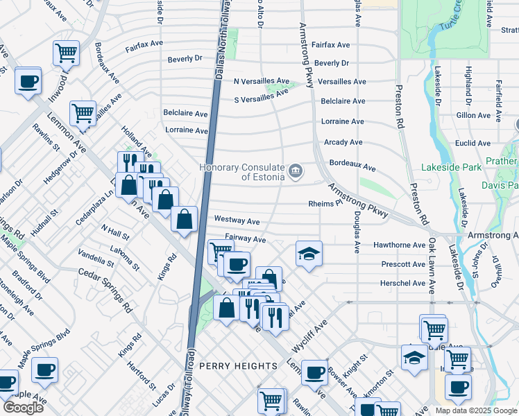 map of restaurants, bars, coffee shops, grocery stores, and more near 4519 Rheims Place in Dallas