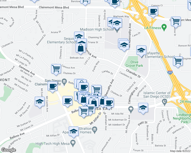 map of restaurants, bars, coffee shops, grocery stores, and more near 5554 Camber Drive in San Diego