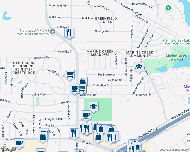 map of restaurants, bars, coffee shops, grocery stores, and more near 5932 Fair Wind Street in Fort Worth