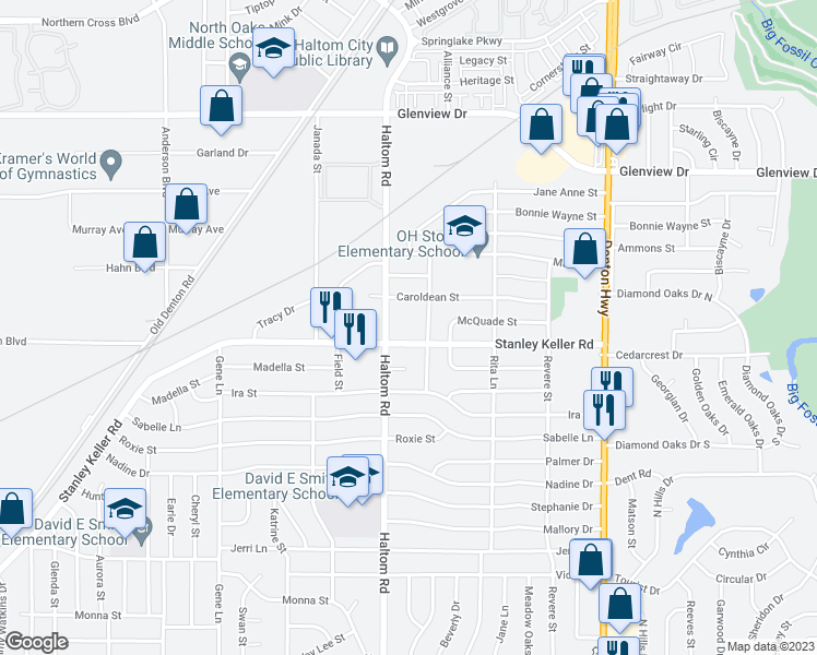 map of restaurants, bars, coffee shops, grocery stores, and more near 5121 Stanley Keller Road in Haltom City