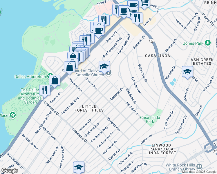 map of restaurants, bars, coffee shops, grocery stores, and more near 9035 Santa Clara Drive in Dallas