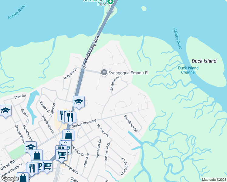 map of restaurants, bars, coffee shops, grocery stores, and more near 33 Brisbane Drive in Charleston
