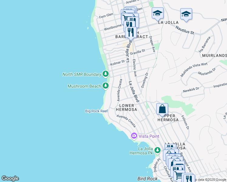 map of restaurants, bars, coffee shops, grocery stores, and more near 6365 Camino De La Costa in San Diego