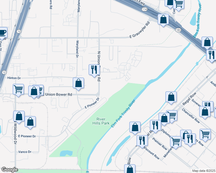 map of restaurants, bars, coffee shops, grocery stores, and more near 1100 North Union Bower Road in Irving