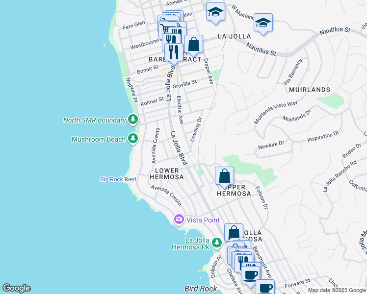 map of restaurants, bars, coffee shops, grocery stores, and more near 6333 La Jolla Boulevard in San Diego