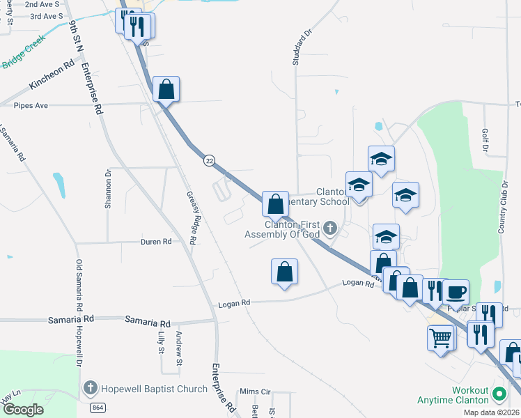 map of restaurants, bars, coffee shops, grocery stores, and more near 1001 7th Street South in Clanton
