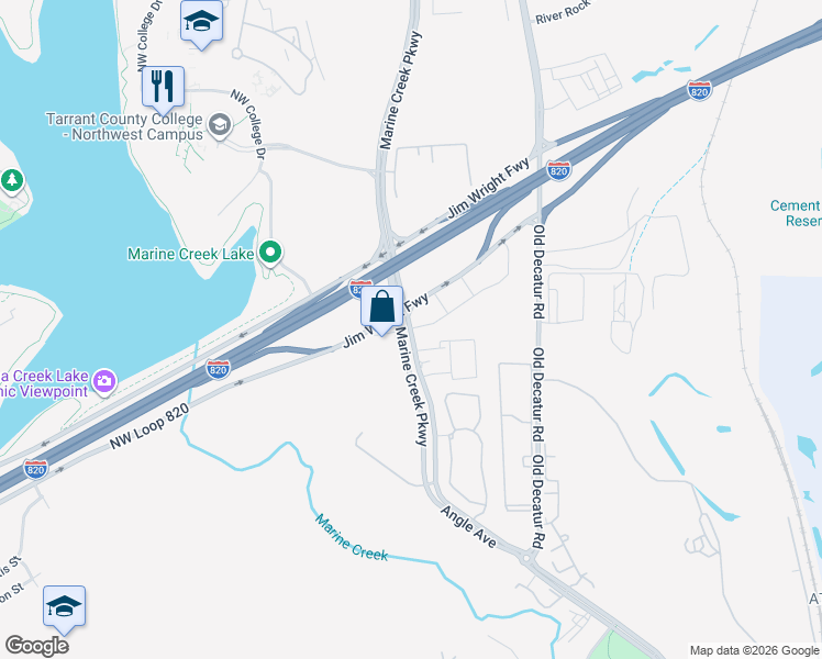 map of restaurants, bars, coffee shops, grocery stores, and more near 4600 Marine Creek Parkway in Fort Worth