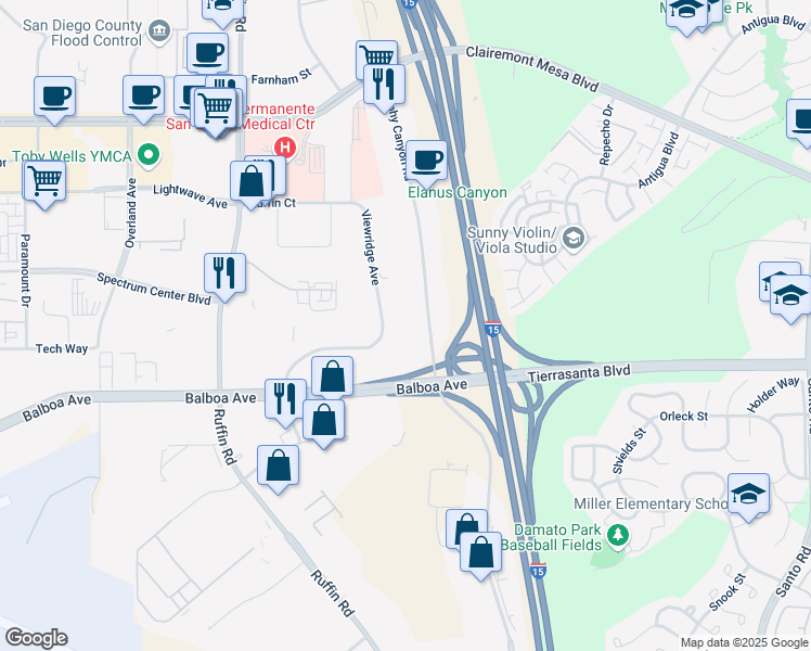 map of restaurants, bars, coffee shops, grocery stores, and more near 4747 Viewridge Avenue in San Diego