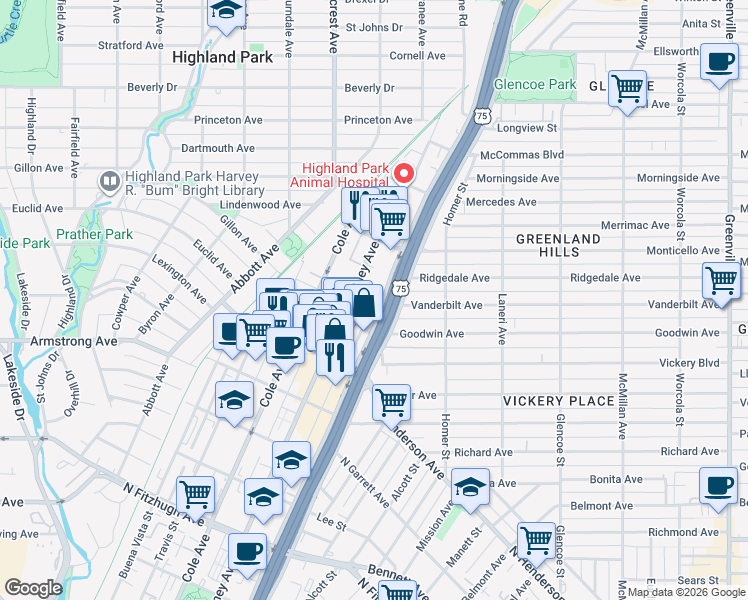 map of restaurants, bars, coffee shops, grocery stores, and more near 3030 Hester Avenue in Dallas