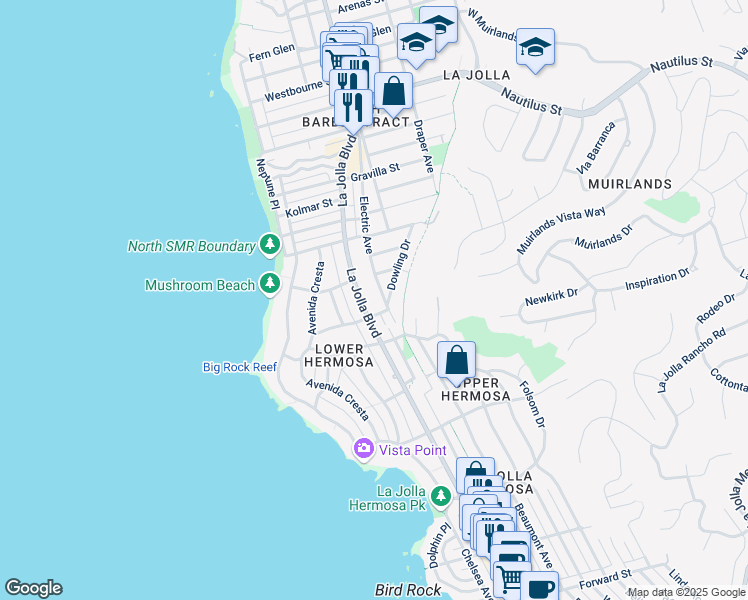 map of restaurants, bars, coffee shops, grocery stores, and more near 6333 La Jolla Blvd in La Jolla