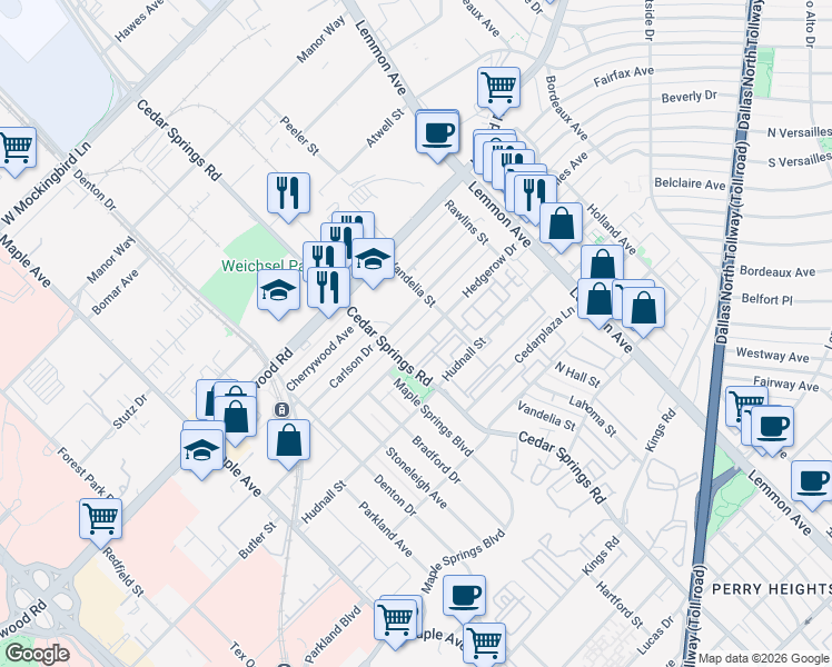 map of restaurants, bars, coffee shops, grocery stores, and more near 3123 Hedgerow Drive in Dallas