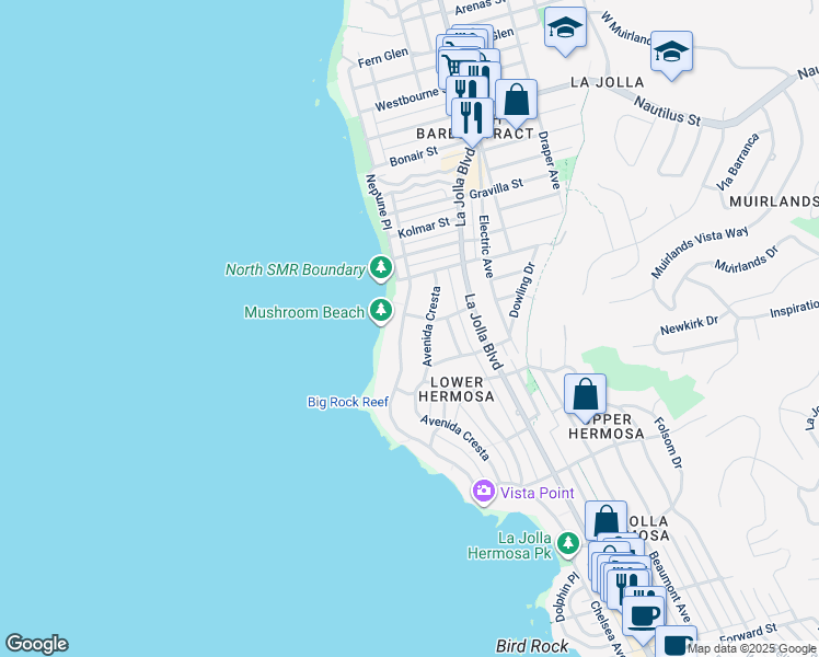 map of restaurants, bars, coffee shops, grocery stores, and more near 6365 Camino De La Costa in San Diego