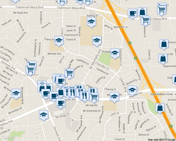 map of restaurants, bars, coffee shops, grocery stores, and more near 5783 Camber Drive in San Diego