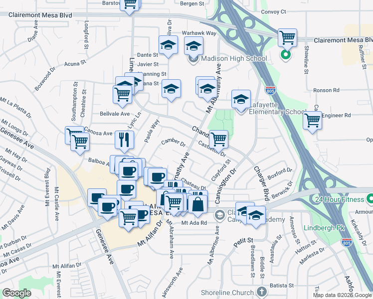 map of restaurants, bars, coffee shops, grocery stores, and more near 5783 Camber Drive in San Diego