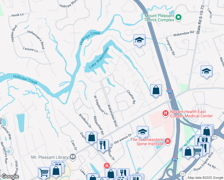 map of restaurants, bars, coffee shops, grocery stores, and more near 1341 East Vagabond Lane in Mount Pleasant
