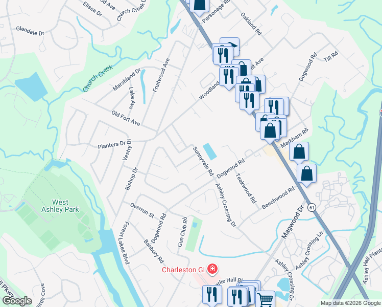 map of restaurants, bars, coffee shops, grocery stores, and more near 1974 Holliday St in Charleston
