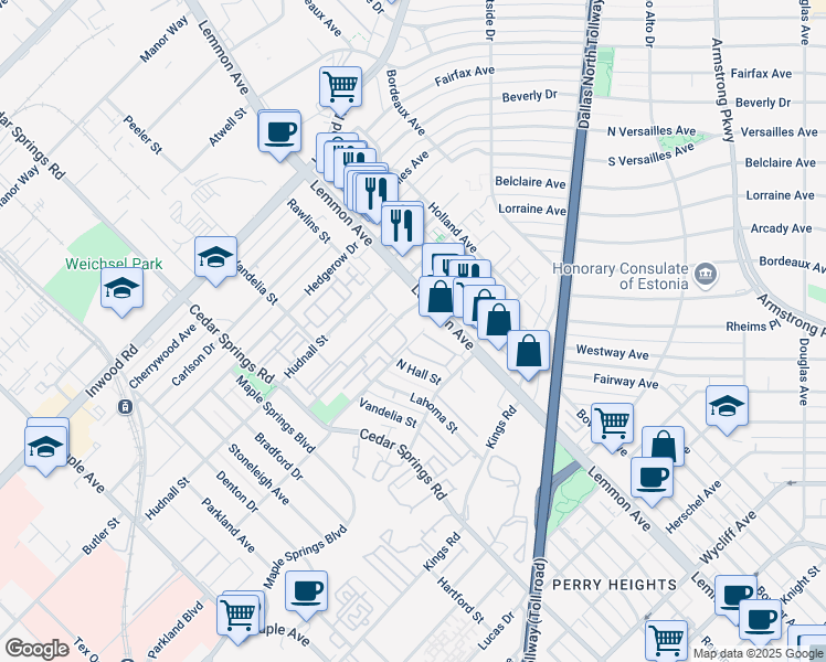 map of restaurants, bars, coffee shops, grocery stores, and more near 3347 Crestview Drive in Dallas