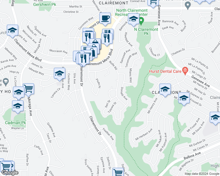 map of restaurants, bars, coffee shops, grocery stores, and more near 4454 Bertha Court in San Diego