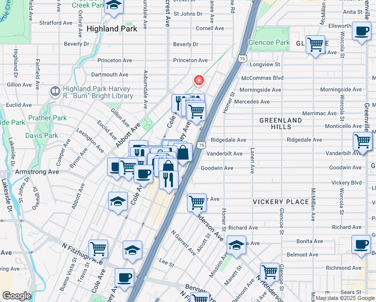 map of restaurants, bars, coffee shops, grocery stores, and more near 3031 Hester Avenue in Dallas