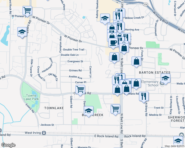 map of restaurants, bars, coffee shops, grocery stores, and more near 1016 Carver Lane in Irving