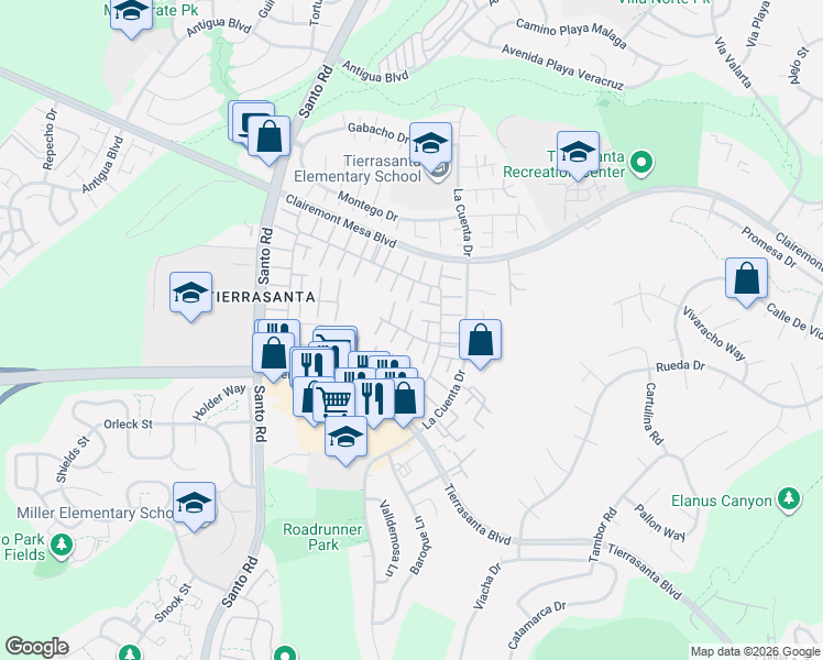 map of restaurants, bars, coffee shops, grocery stores, and more near 10766 Cariuto Court in San Diego