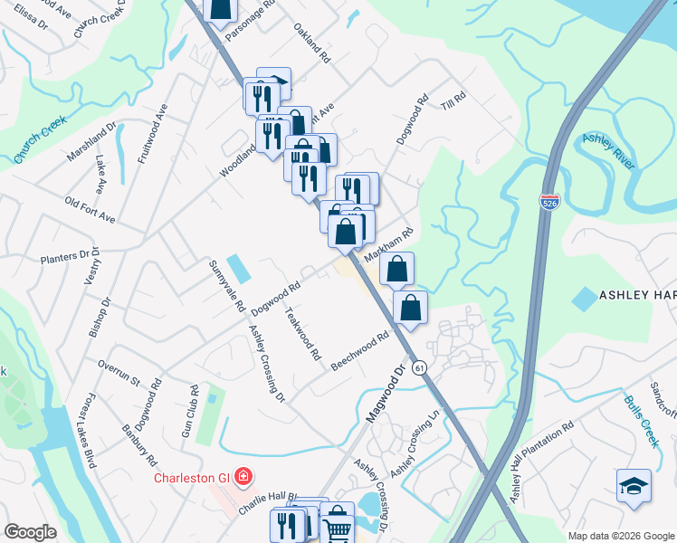 map of restaurants, bars, coffee shops, grocery stores, and more near 1815 Dogwood Road in Charleston