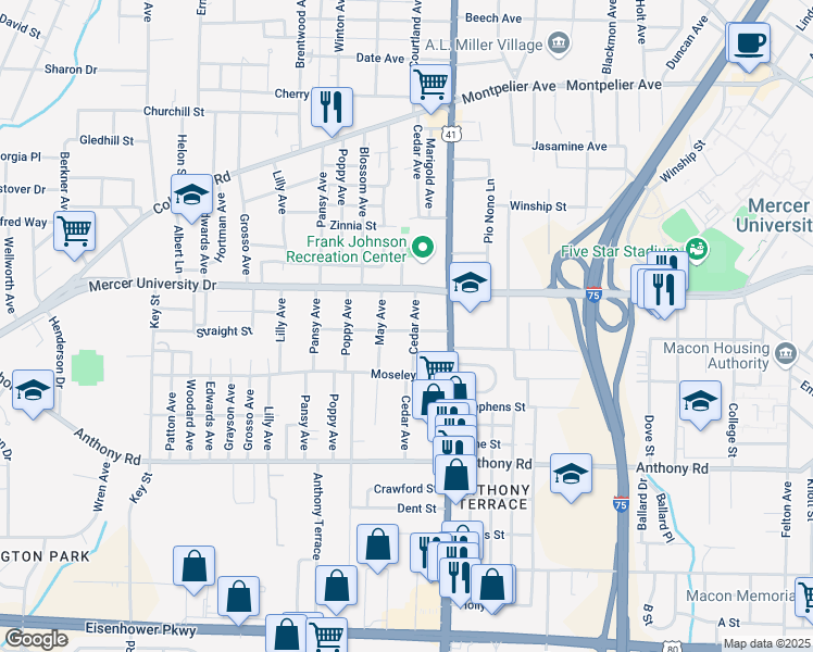 map of restaurants, bars, coffee shops, grocery stores, and more near 192 Straight Street in Macon
