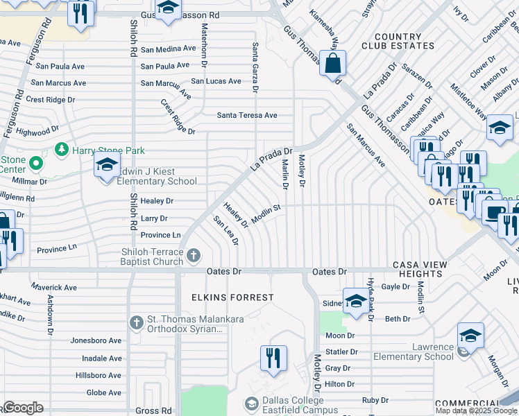 map of restaurants, bars, coffee shops, grocery stores, and more near 3153 Hillglenn Road in Dallas