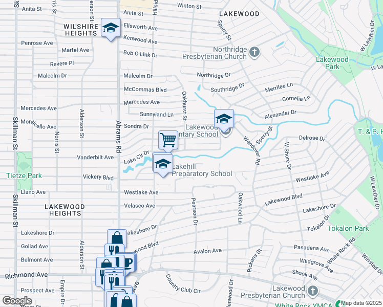 map of restaurants, bars, coffee shops, grocery stores, and more near 6608 Lake Circle Drive in Dallas