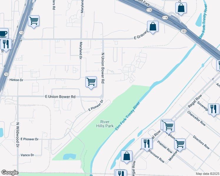 map of restaurants, bars, coffee shops, grocery stores, and more near 1100 North Union Bower Road in Irving